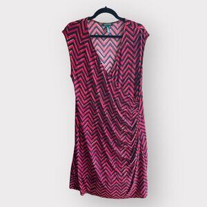 Lauren Ralph Lauren Size 1X Red Black Cap Sleeve Faux Wrap Ikat Dress